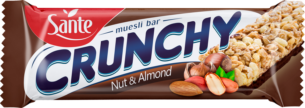 Barra de Muesli CRUNCHY 40g con Nueces, almendras, maní, avellanas y cobertura chocolate